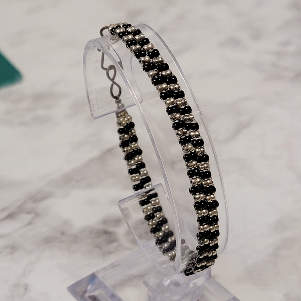 Black & Silver Micro Seed Bead Bracelet Hook Closure 7" Boho‎ Bohemian Costume